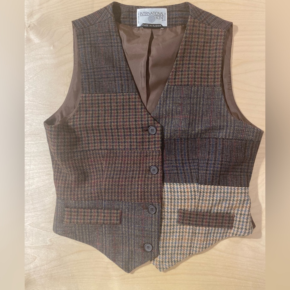 International Scene Wool Plaid Patchwork Vest Mad… - image 4